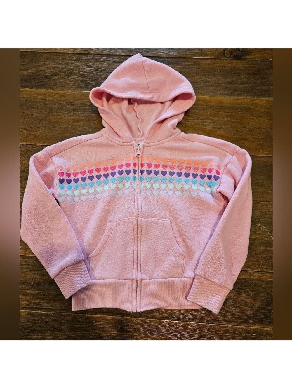 ATHLETIC WORKS GIRL'S PINK WITH COLORFUL HEARTS ZIP-UP HOODIE SIZE XS (4-5)